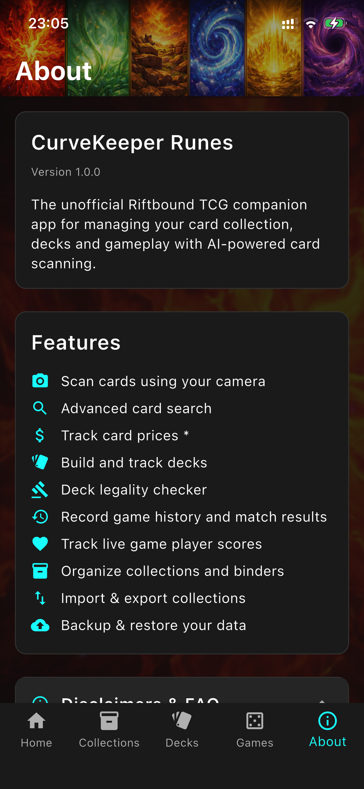 Screenshot of in-app feature list