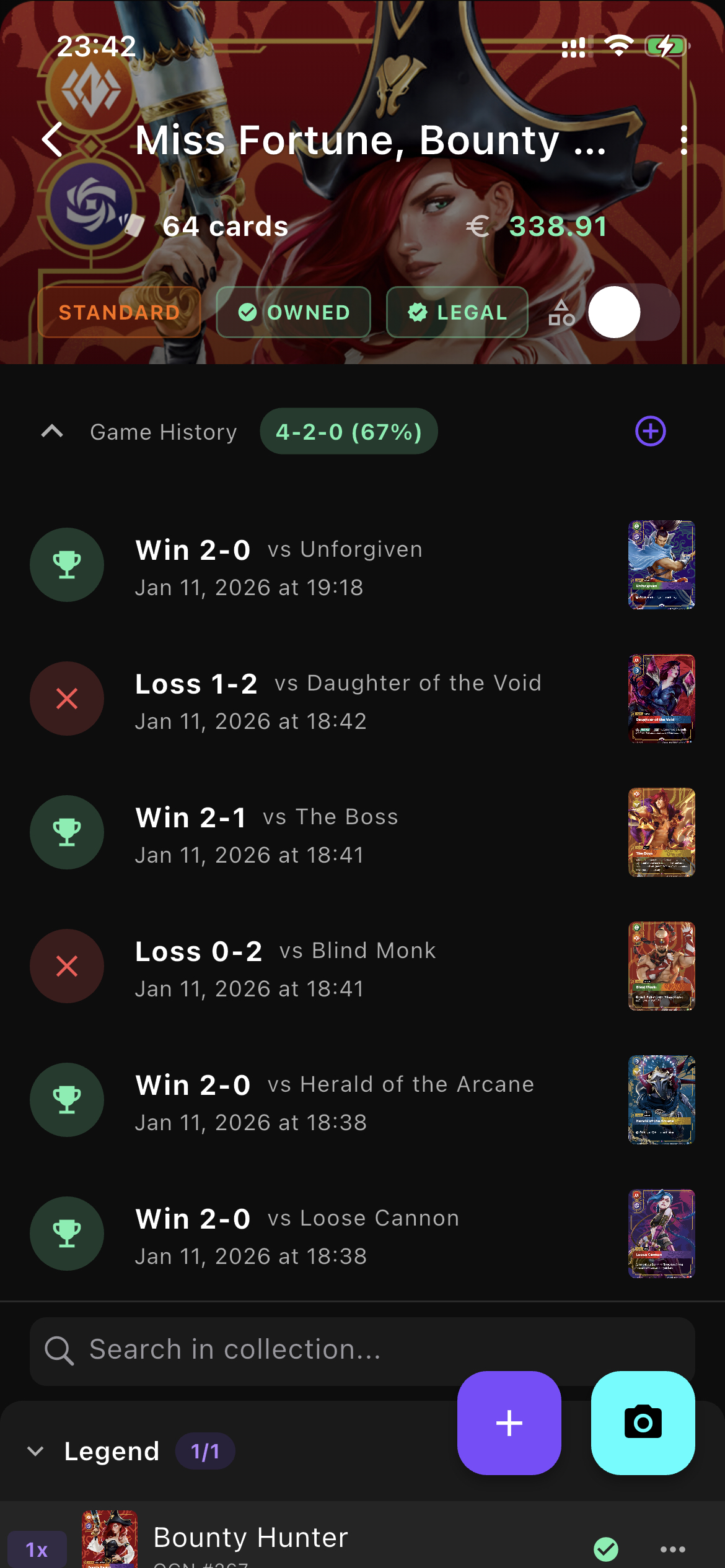 Game history in deck view