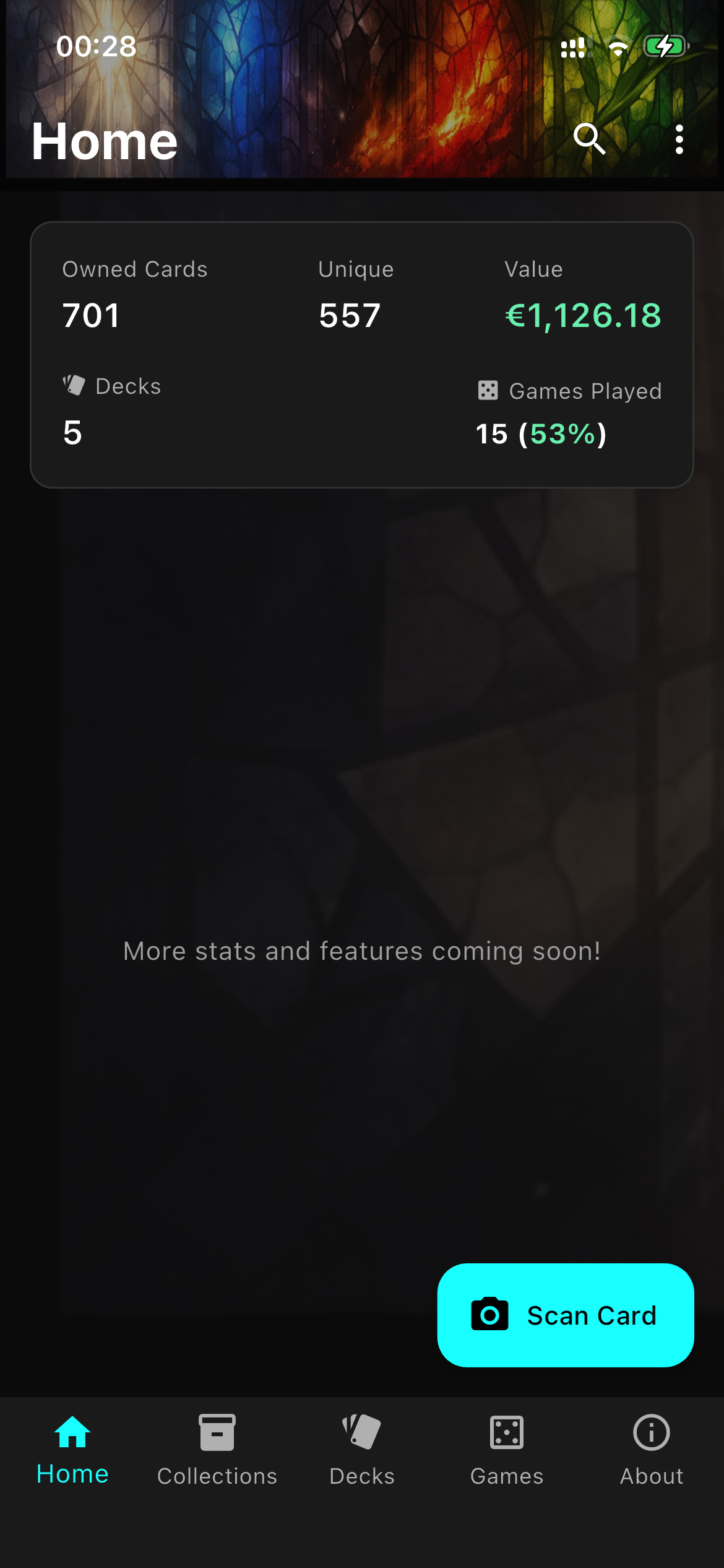 Home screen with collection value