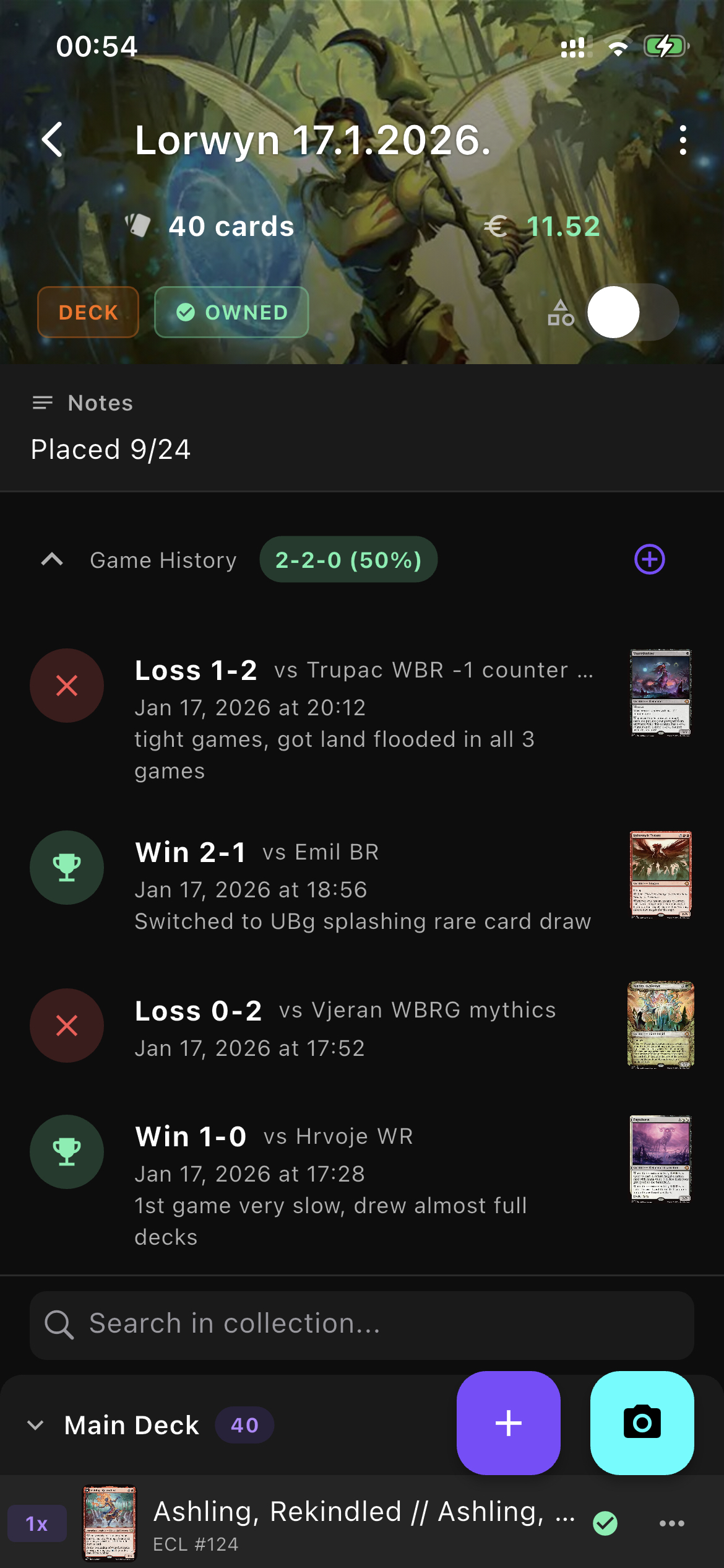Game history in deck view